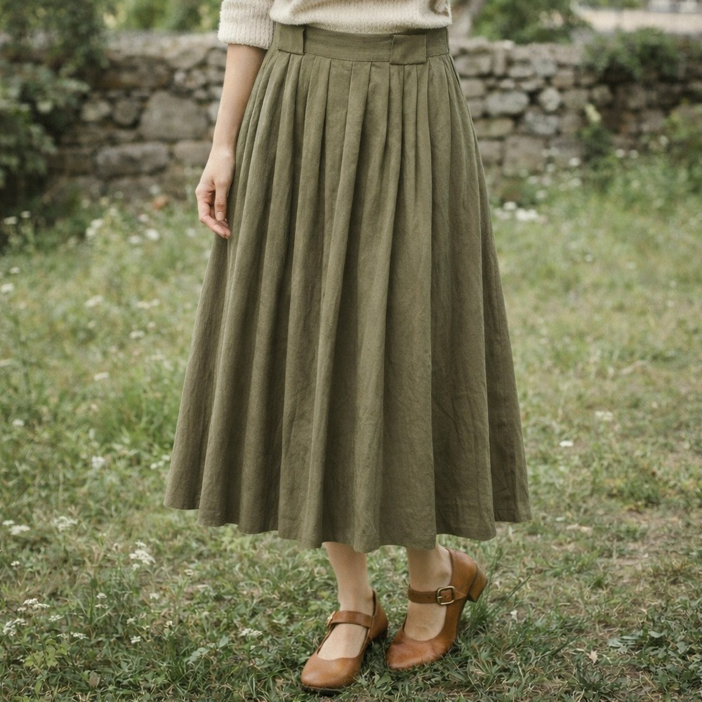 Lauren Woods Vintage 12 (modern 4) Olive Green Pleated Midi Skirt Made in USA